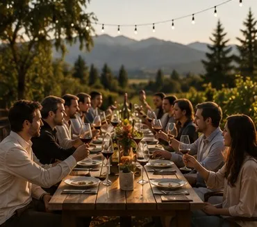 Cena maridada al aire libre en un viñedo