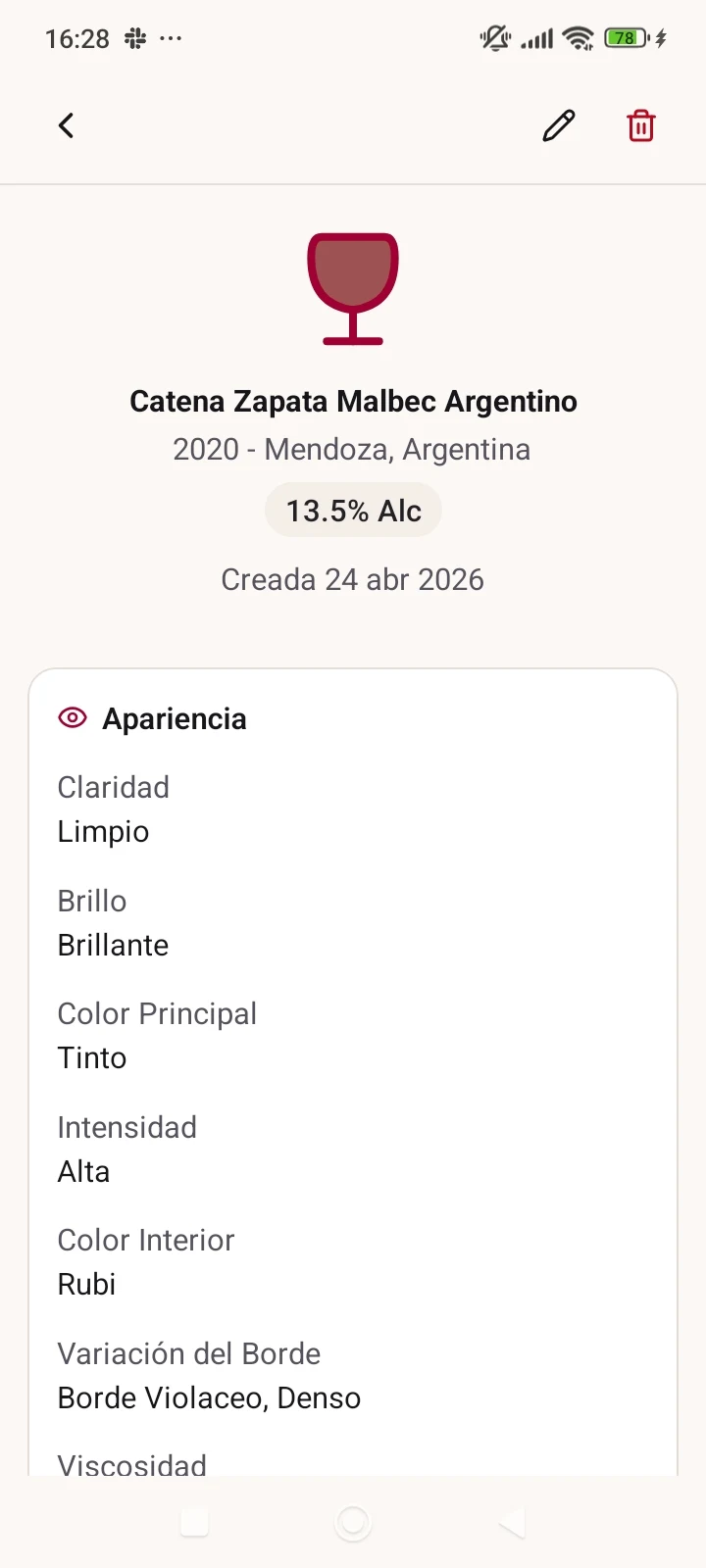 Detalle de una ficha de cata