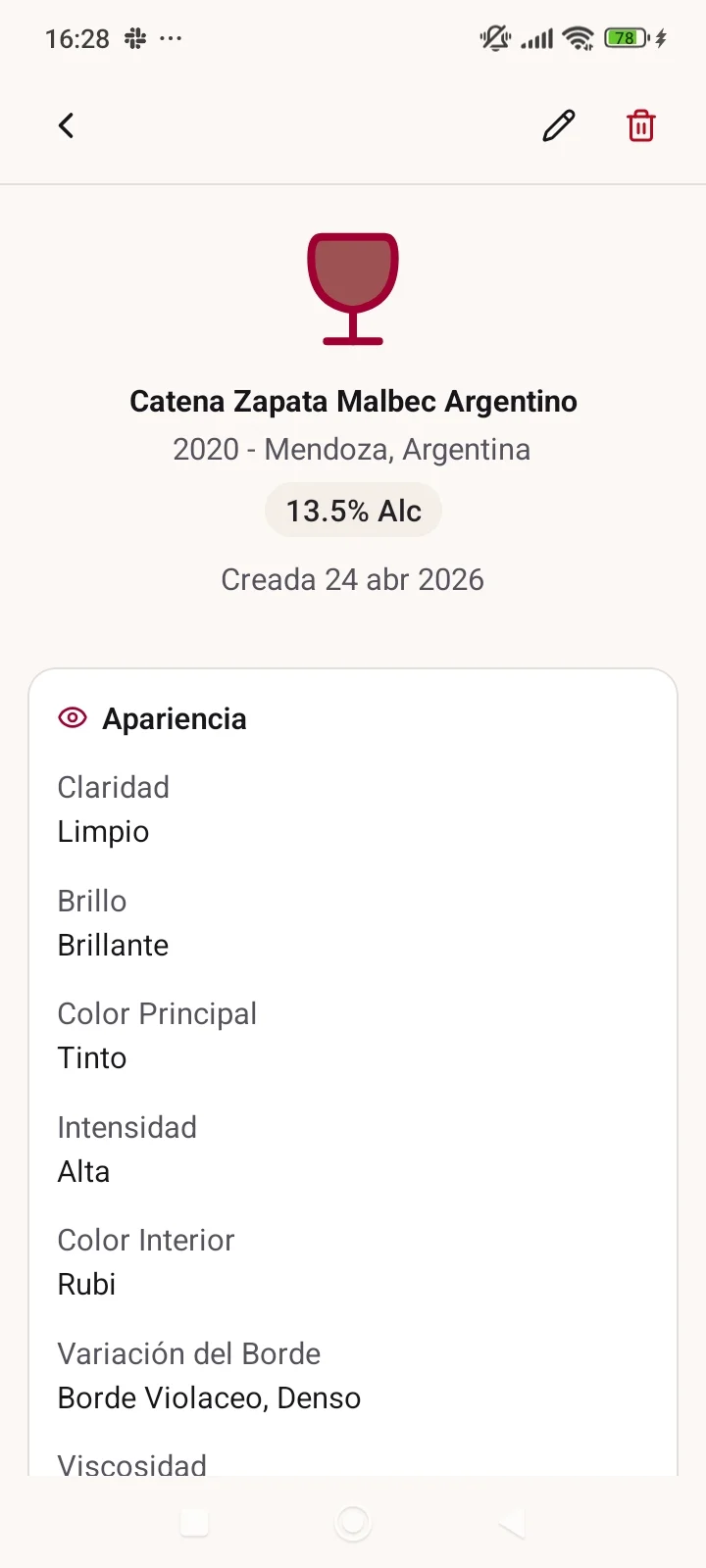 Detalle de una ficha de cata completa