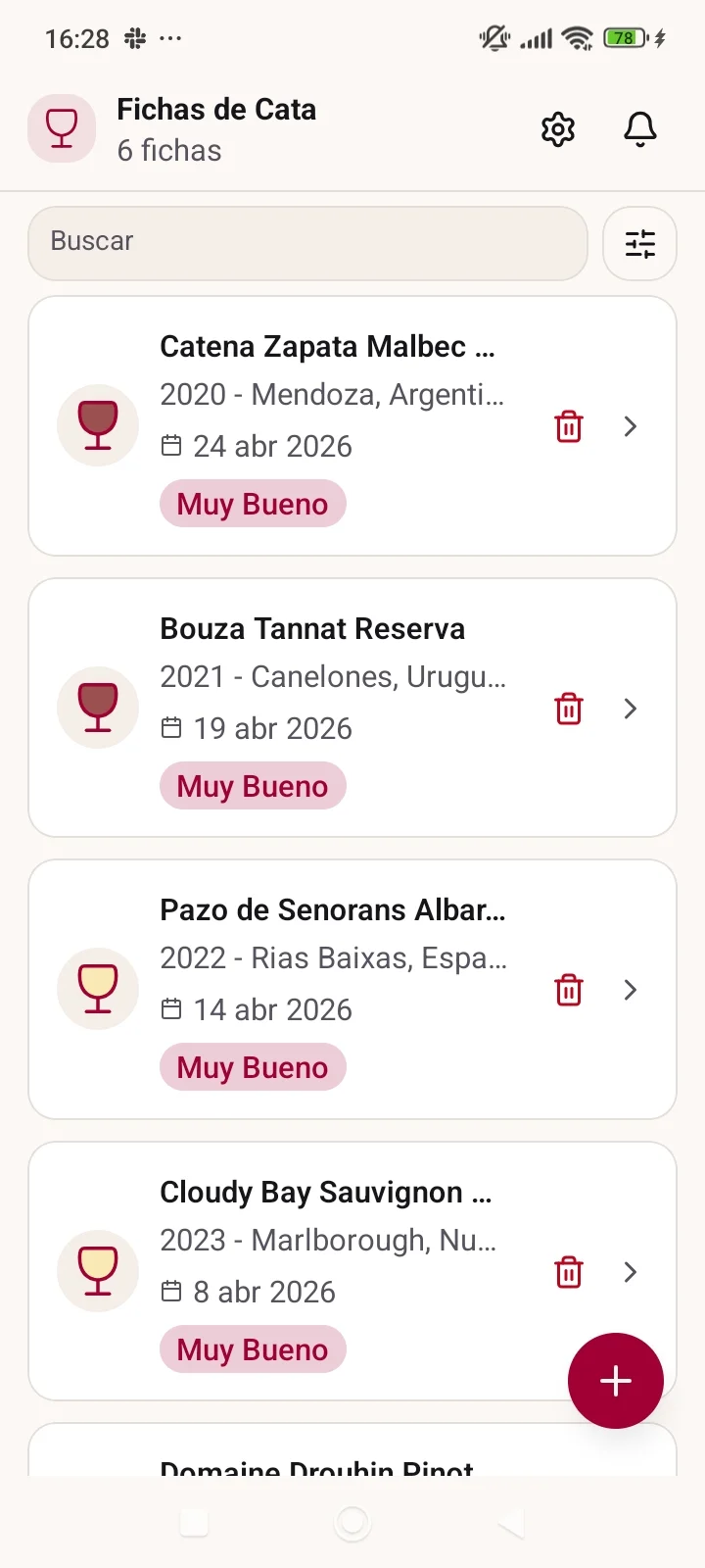 Lista de fichas de cata en la app