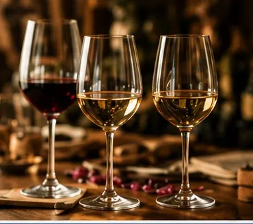 Tres copas de vino en una mesa de degustación