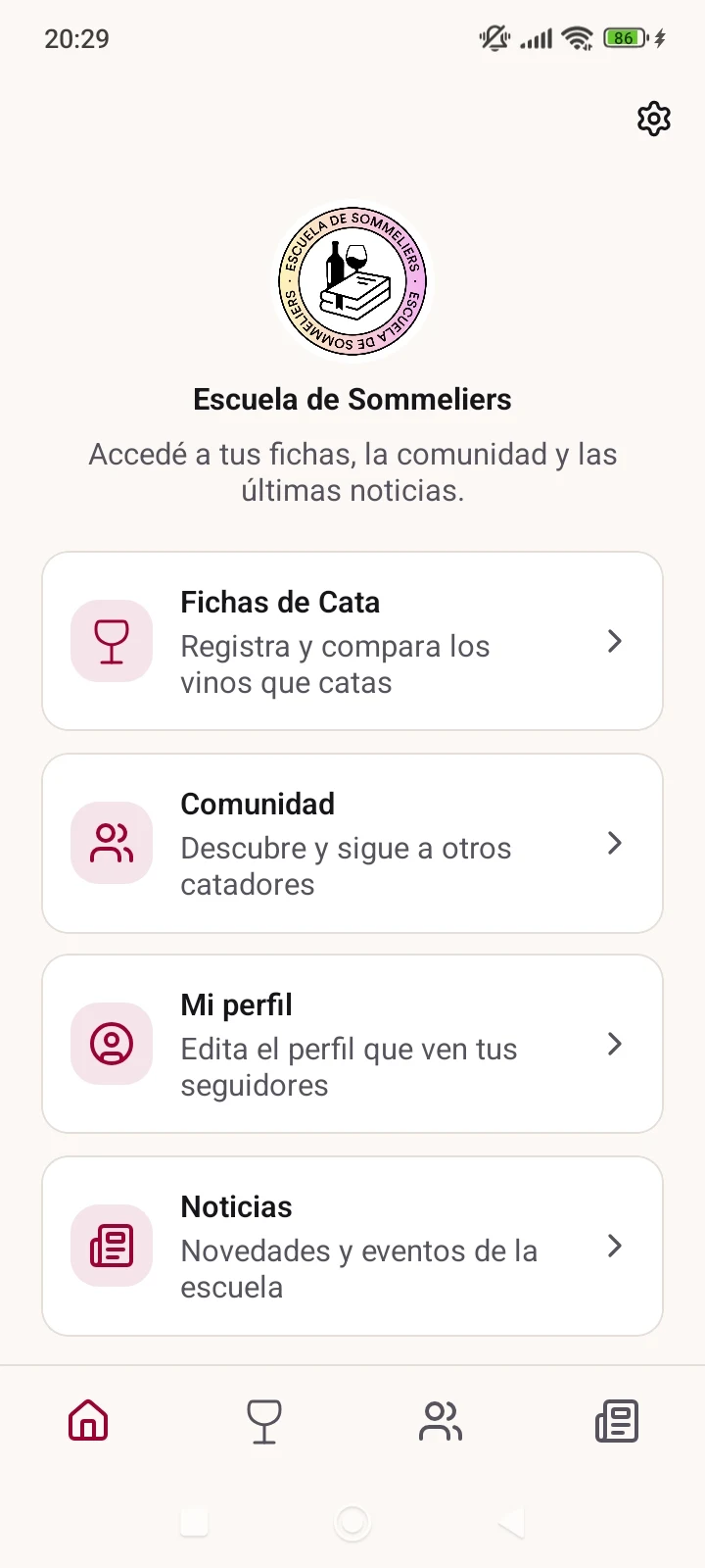 Pantalla principal de la app Escuela de Sommeliers