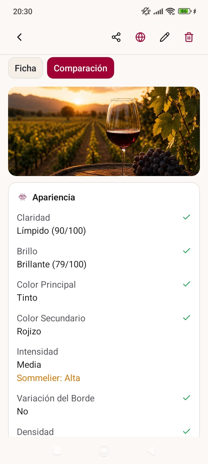 Comparación de la ficha con la de un sommelier profesional