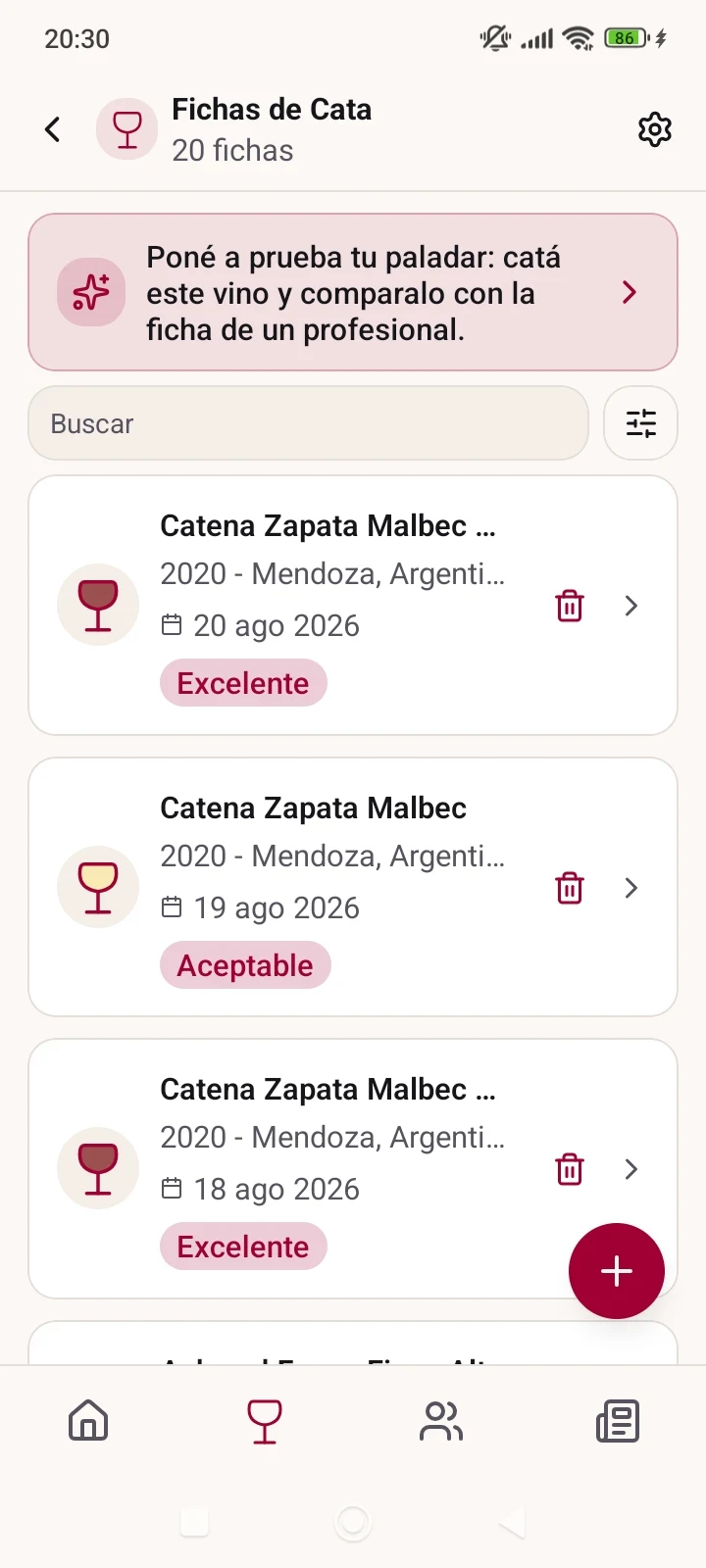 Lista de fichas de cata en la app