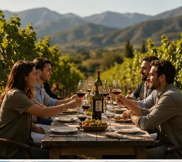 Grupo brindando en una mesa al aire libre en un viñedo